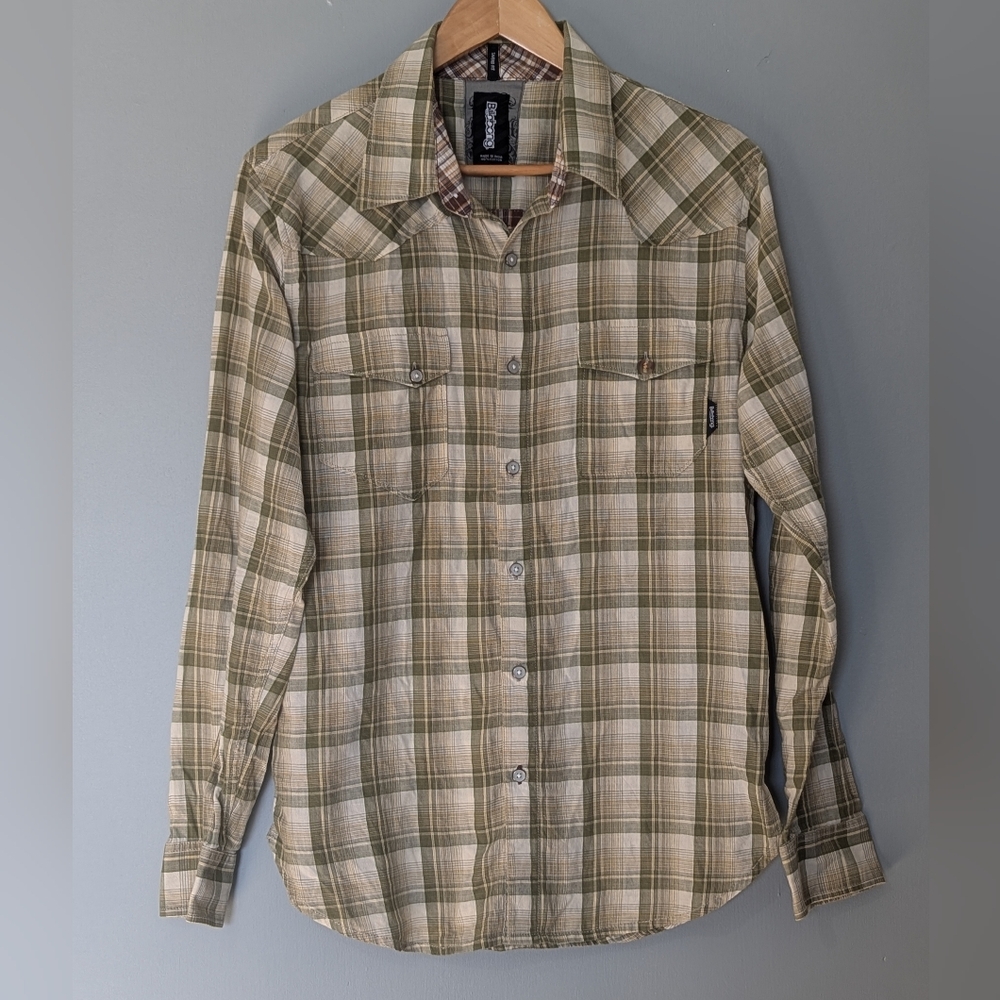Billabong Men's Taper‎ Fit Green Brown Plaid Cotton Button-Up Shirt